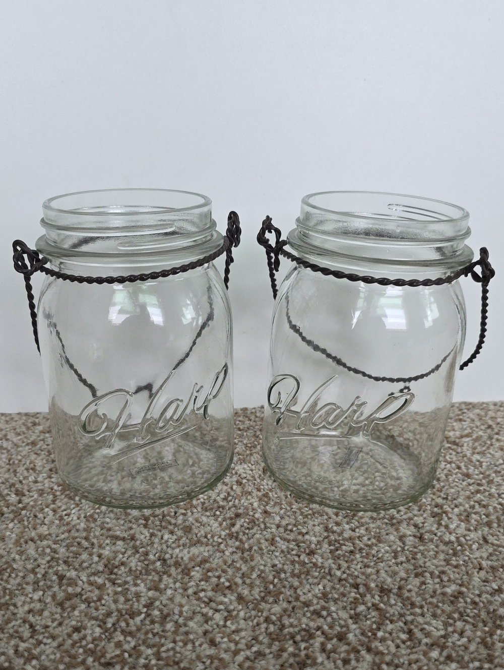 Clear Glass Mason Jar Lantern with Twisted Metal Handle - Set Of 2